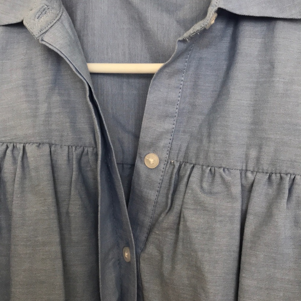 Off Shoulder Ruffle Button Collar Blouse Blue - Picture 4 of 5